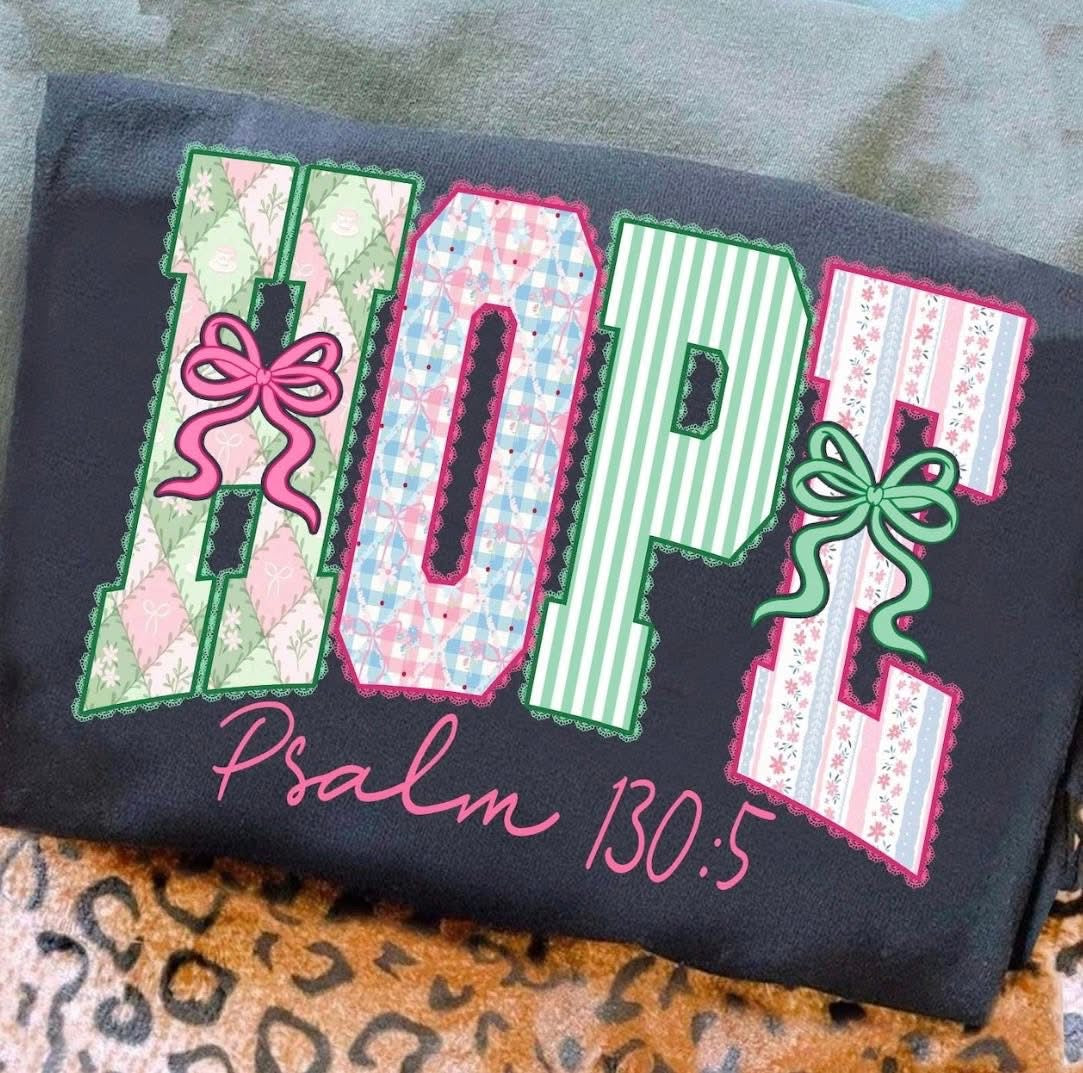 Hope Shirt with Bows – Christian Graphic Tee, Psalm 130:5 Faith Shirt, Girly Boutique Christian Apparel in Multiple Styles