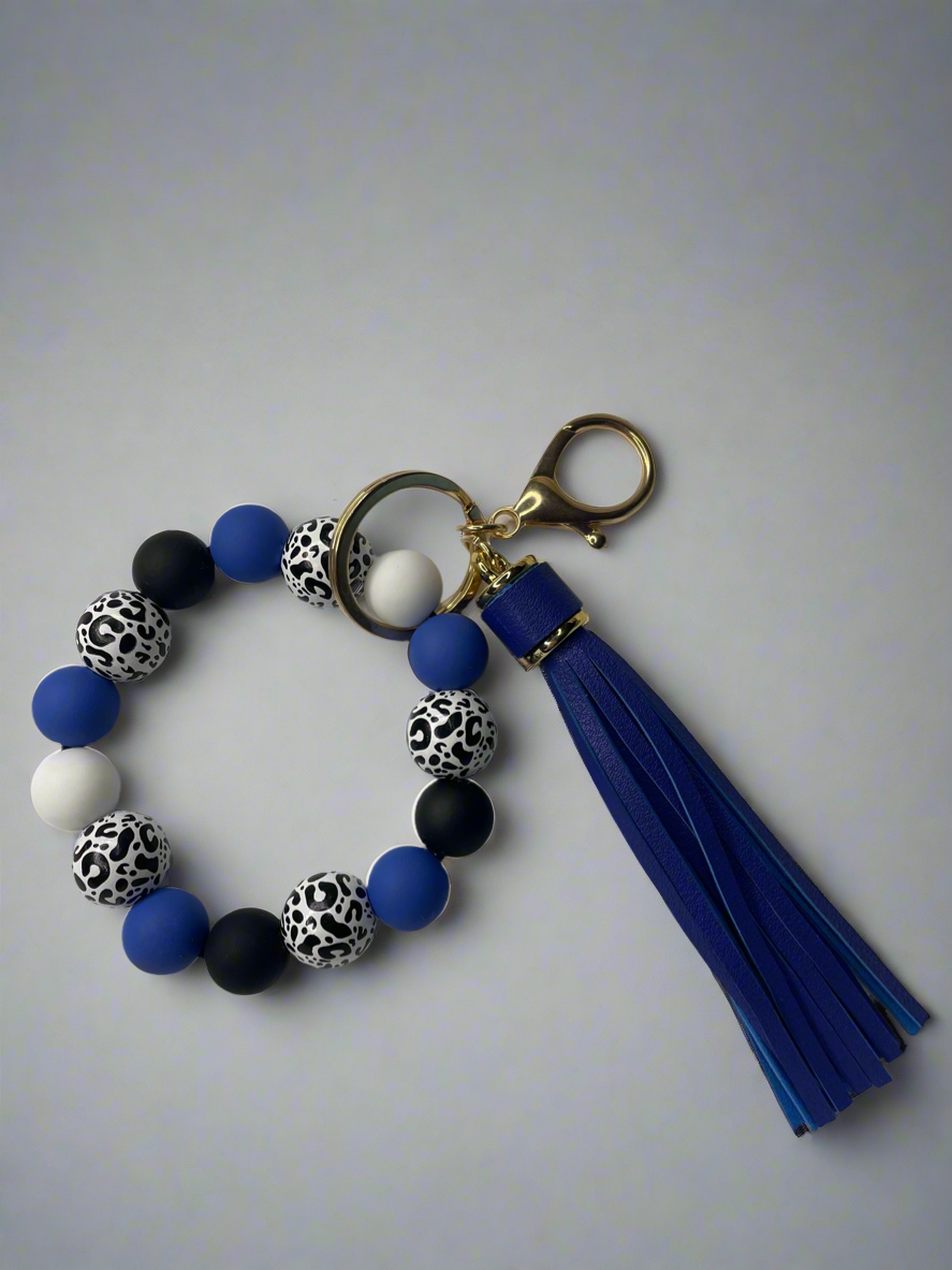 Royal Blue Leopard Print Silicone Beaded Keychain Bracelet - Hands-Free Wristlet