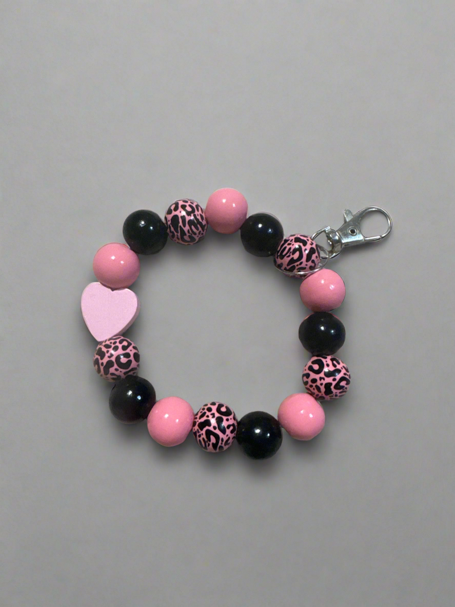 Pink Leopard Print Beaded Keychain Bracelet - Hands-Free Wristlet Key Fob with Heart Charm