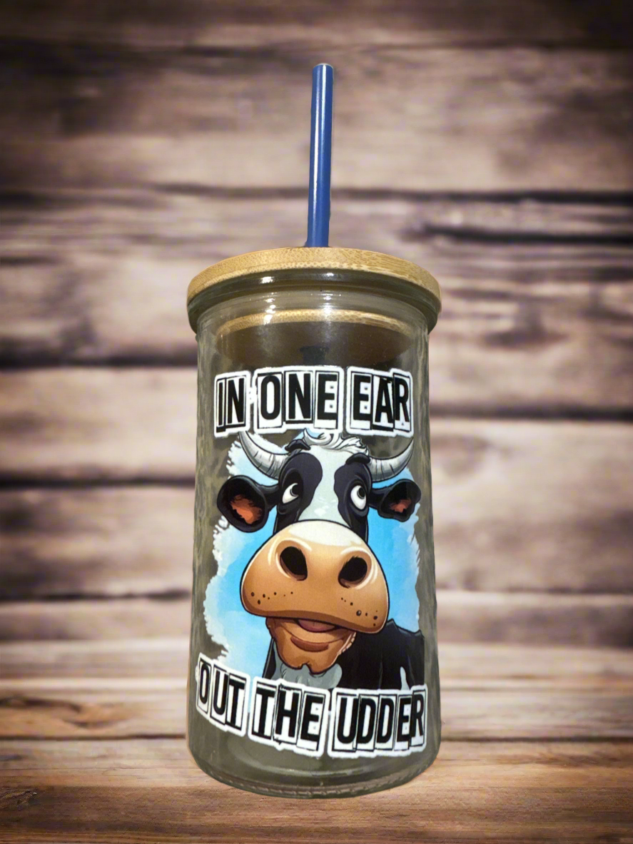 Funny Cow Can Glass - "In One Ear Out The Udder" Tumbler with Bamboo Lid