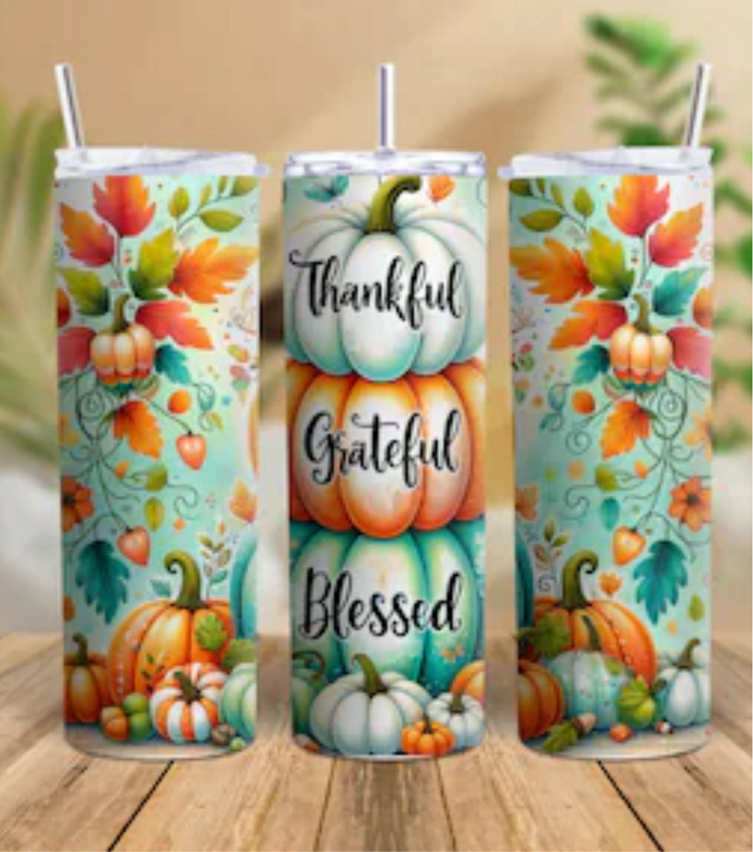 Thankful Grateful Blessed Pumpkin Tumbler | 20oz Skinny | Autumn Fall Season | Inspirational Gift
