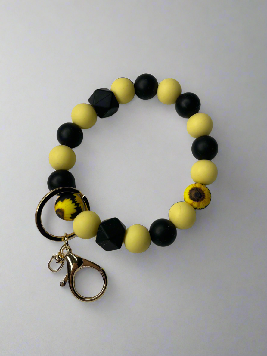 Sunflower Silicone Beaded Keychain Bracelet - Yellow & Black Wristlet Key Fob