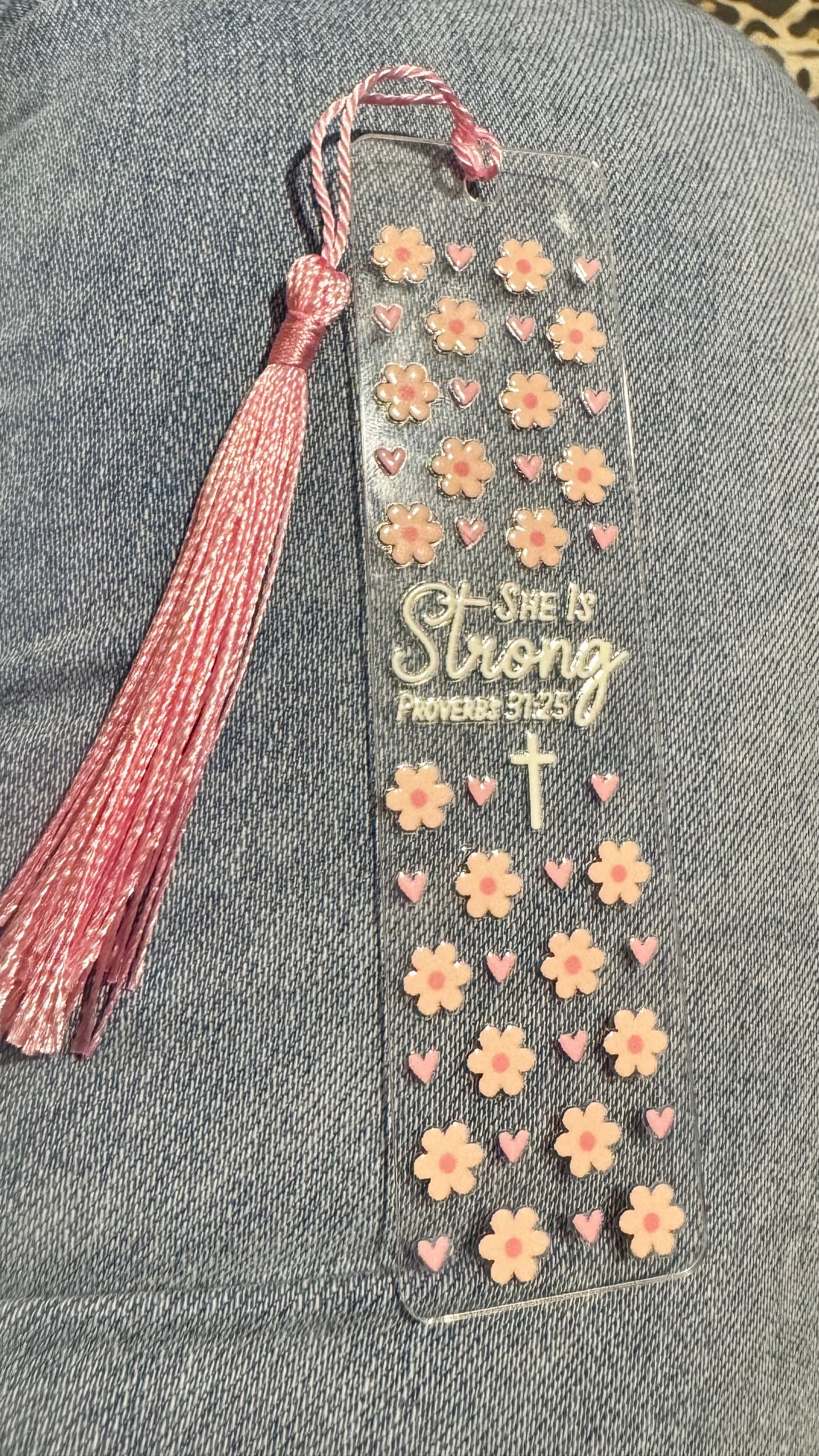 "She Is Strong" Floral Acrylic BookMark with Pink Tassel