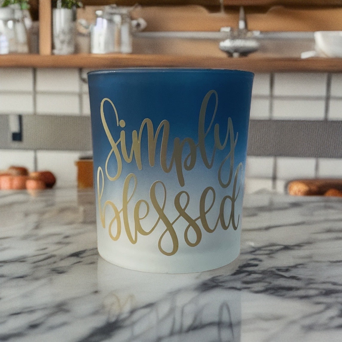 Simply Blessed Ombre Glass Candle Holder - Frosted Blue & White with Gold Script Votive