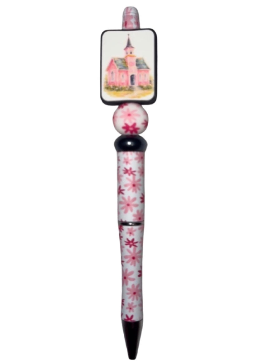 Pink Floral Church Beaded Ink Pen