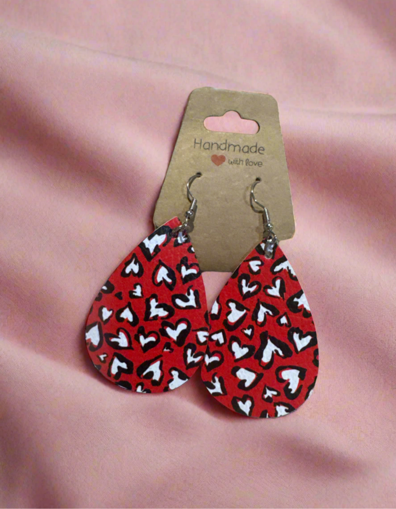 Red Heart Leopard Print Faux Leather Earrings - Lightweight Tear Drop Dangles
