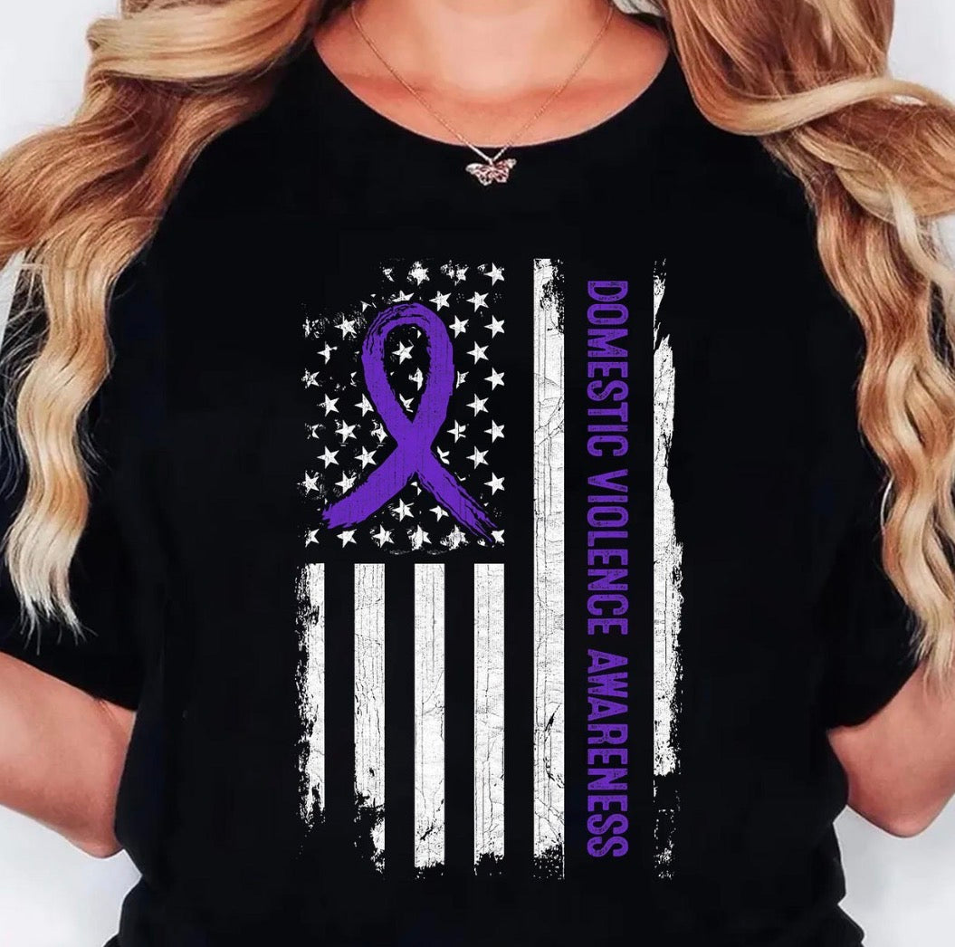 Domestic Violence Awareness American Flag Shirt – Purple Ribbon Awareness Shirt – Support Survivors Tee