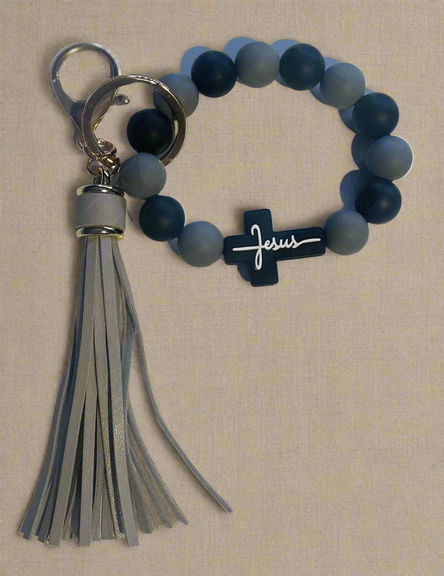 "JESUS" Cross Beaded Keychain Bracelet - Silicone Bead Key Ring Wristlet with Tassel