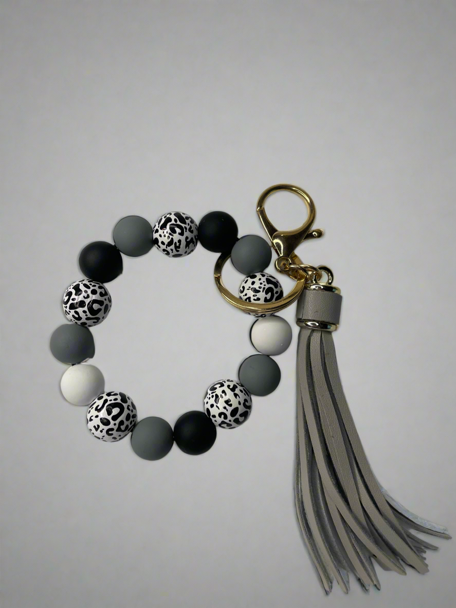 Grey Leopard Print Silicone Beaded Keychain Bracelet - Hands-Free Wristlet Key Fob