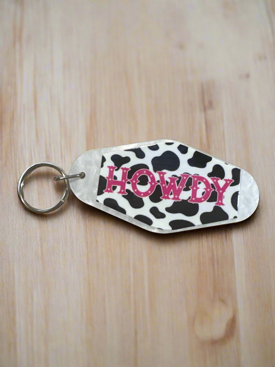 Cow Print "Howdy" Motel Keychain - Retro Western Aesthetic