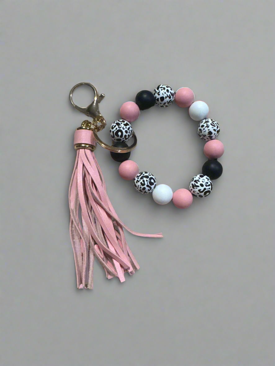 Pink, Black, and Leopard Beaded Keychain Wristlet