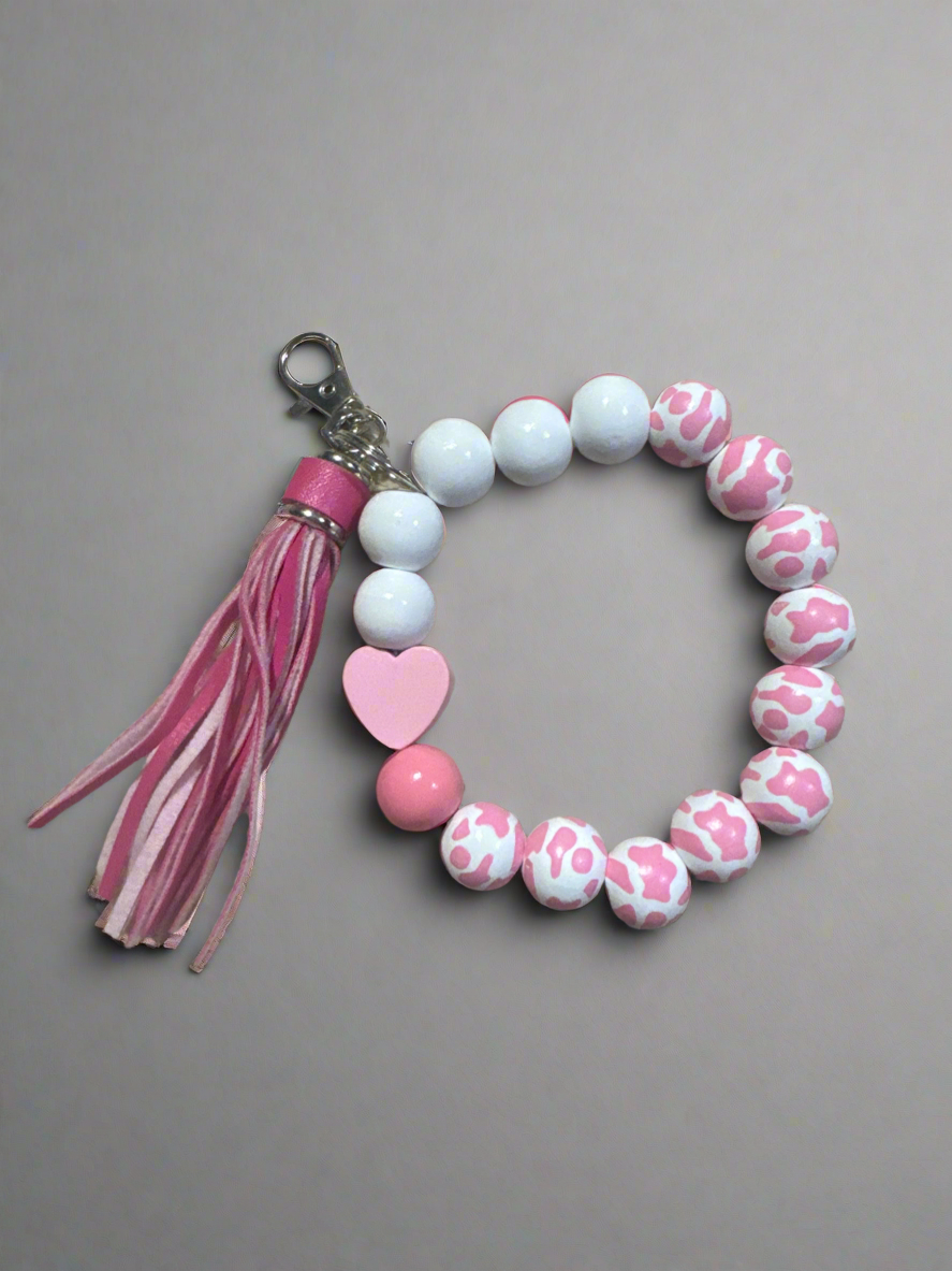 Pink Cow Print Silicone Beaded Keychain Bracelet - Heart Charm Wristlet Key Fob
