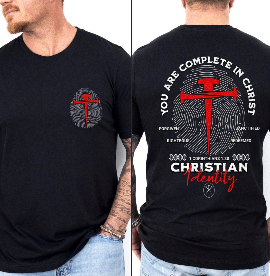 Christian Identity Tee | Faith-Based Front & Back Graphic Tee | 1 Corinthians 1:30