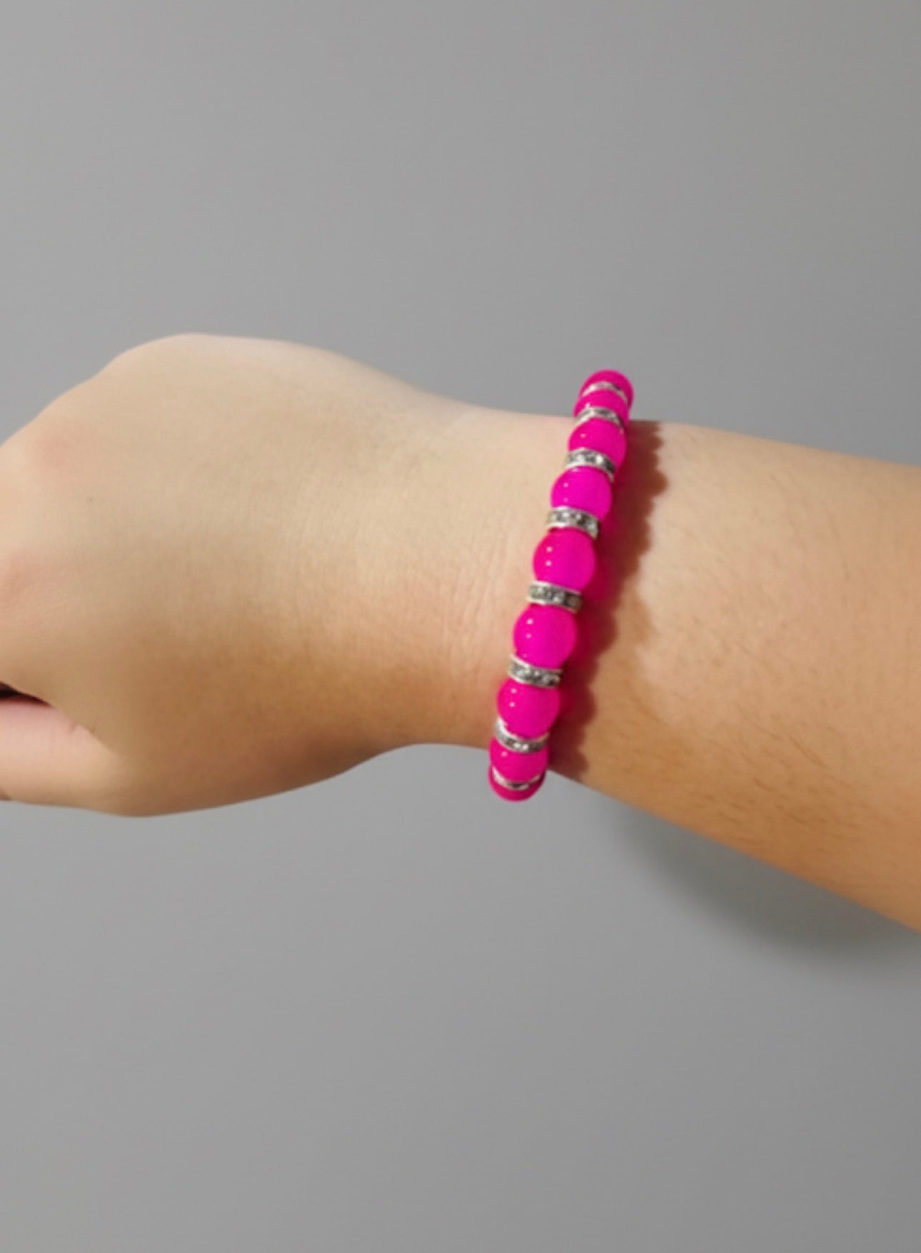 Hot Pink Beaded Stretch Bracelet | Stackable Fuchsia & Rhinestone Crystal Accent Jewelry for Women