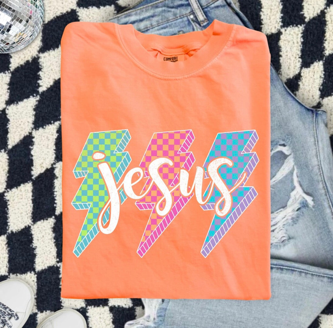 Jesus Comfort Colors Graphic Tee | Retro Christian Lightning Bolt Shirt | Faith Based Checkered Tee
