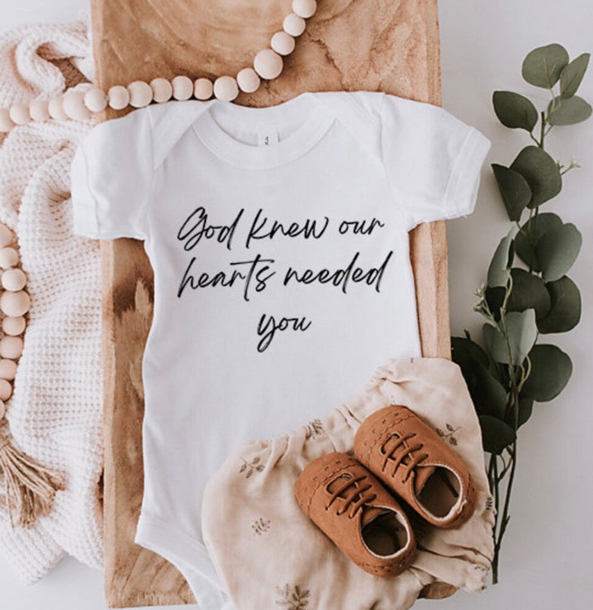 God Knew Our Hearts Needed You | Bella + Canvas Triblend Baby Bodysuit | Christian Baby Onesie