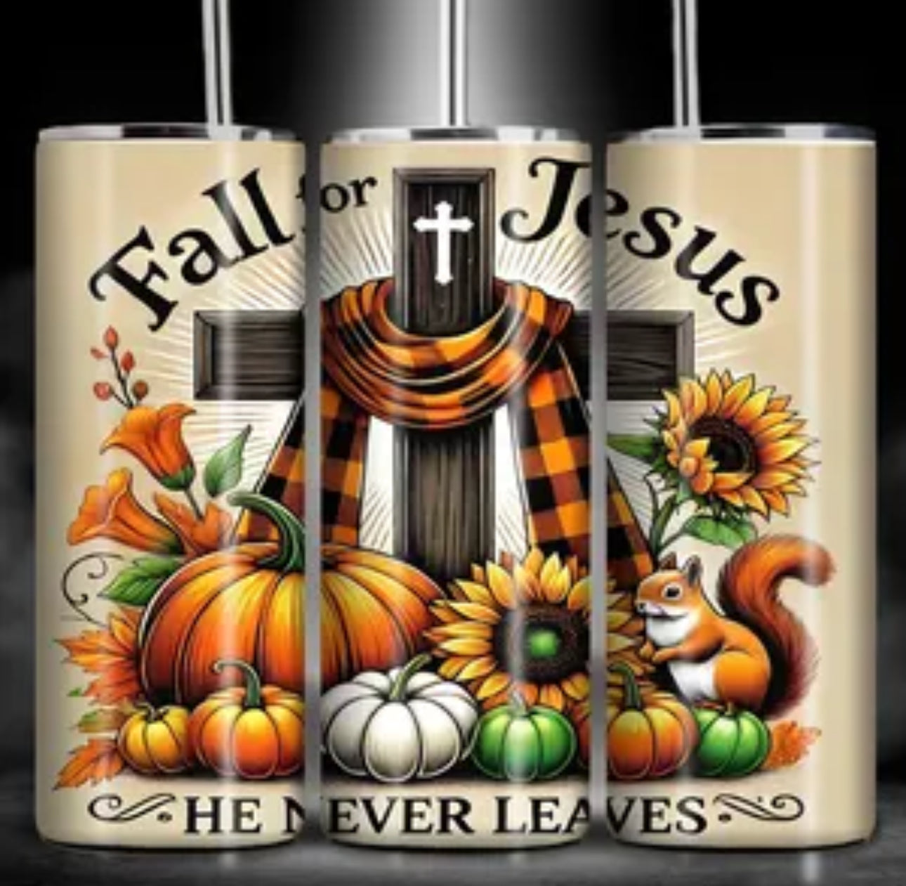 Fall for Jesus Christian Cross Tumbler | 20oz Skinny Insulated | Buffalo Plaid Pumpkin Autumn Faith Gift