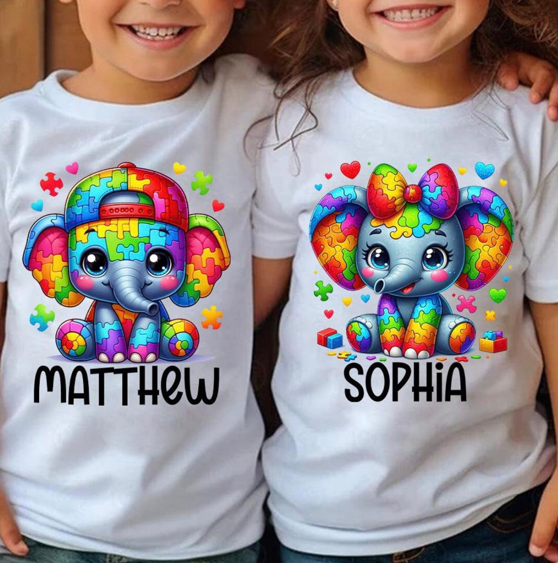 Custom Autism Kids Shirt – Personalized Name Puzzle Elephant Tee – Boy or Girl Autism Awareness Shirt