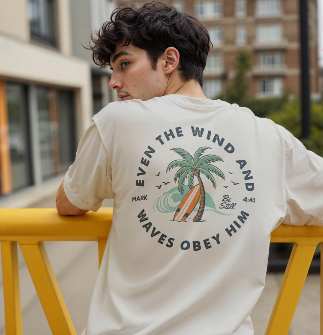 Even The Wind and Waves Obey Him Tee | Faith-Based Beach Graphic Tee | Back Design Only