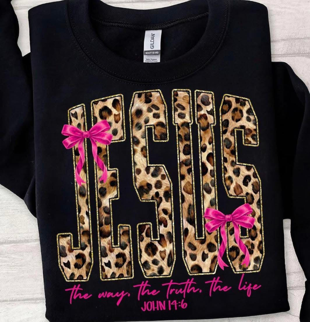 Leopard Jesus Shirt with Pink Bows β Christian Graphic Tee, John 14:6 Faith Shirt, Girly Boutique Christian Apparel in Multiple Styles