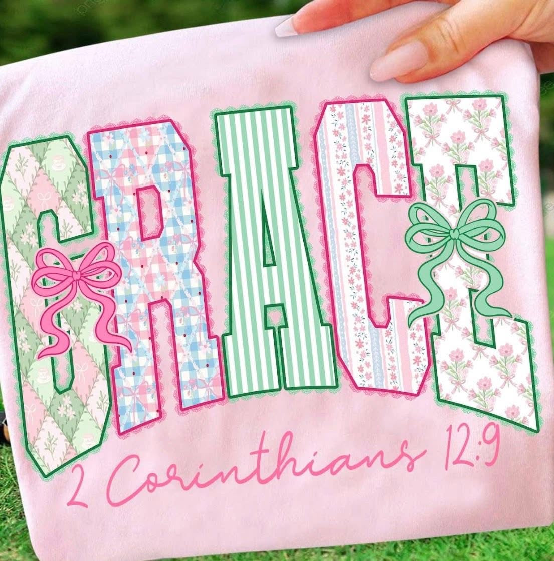 Grace Shirt with Bows – Christian Graphic Tee, 2 Corinthians 12:9 Faith Shirt, Girly Boutique Christian Apparel in Multiple Styles