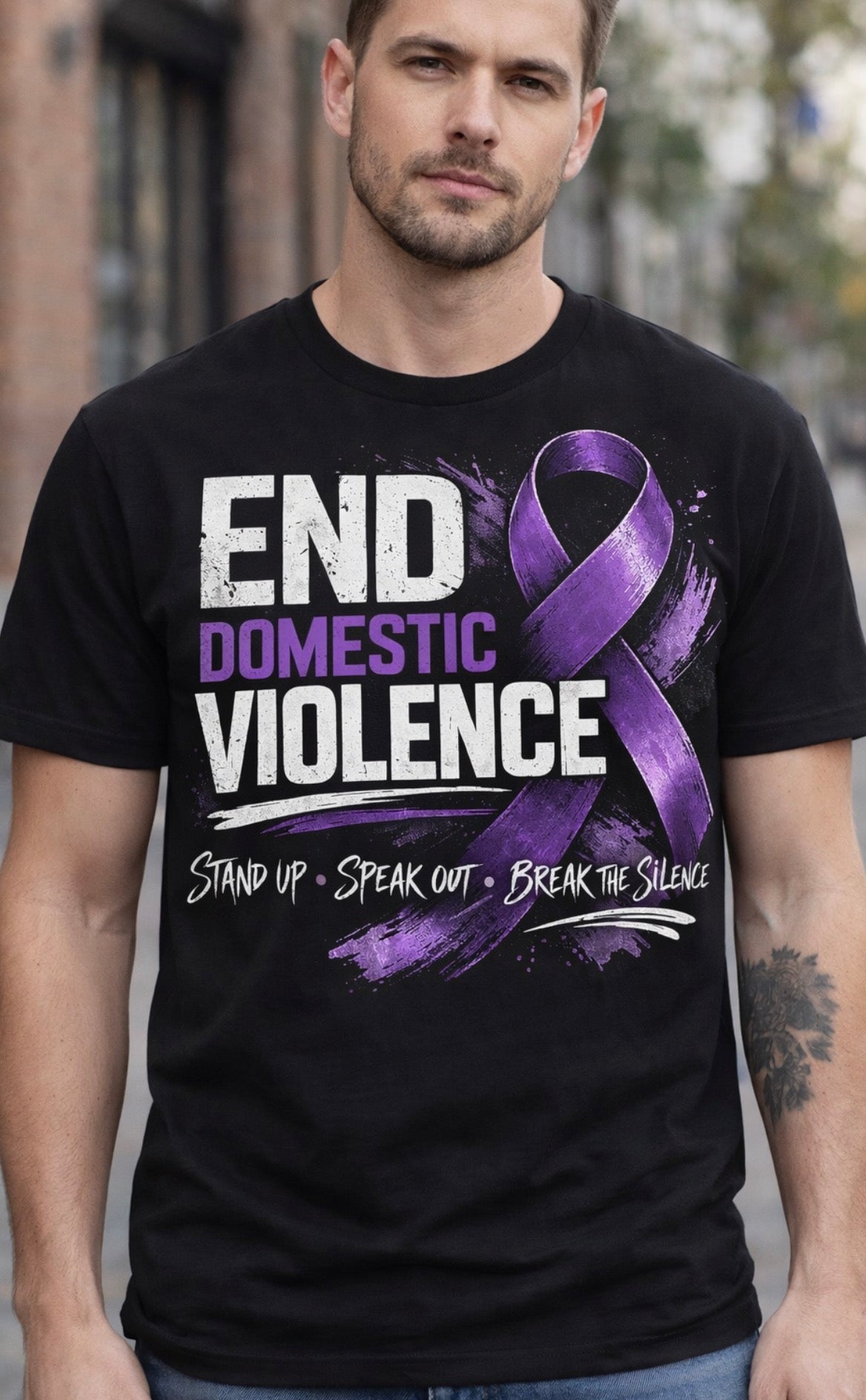 End domestic violence awareness shirt with purple ribbon and message stand up speak out break the silence