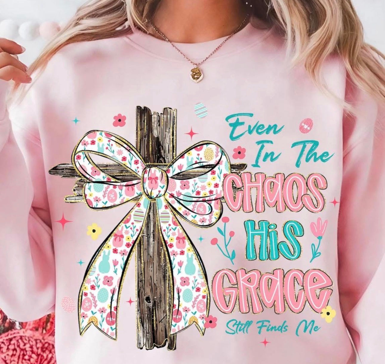 Christian cross bow shirt even in the chaos his grace still finds me faith based graphic tee
