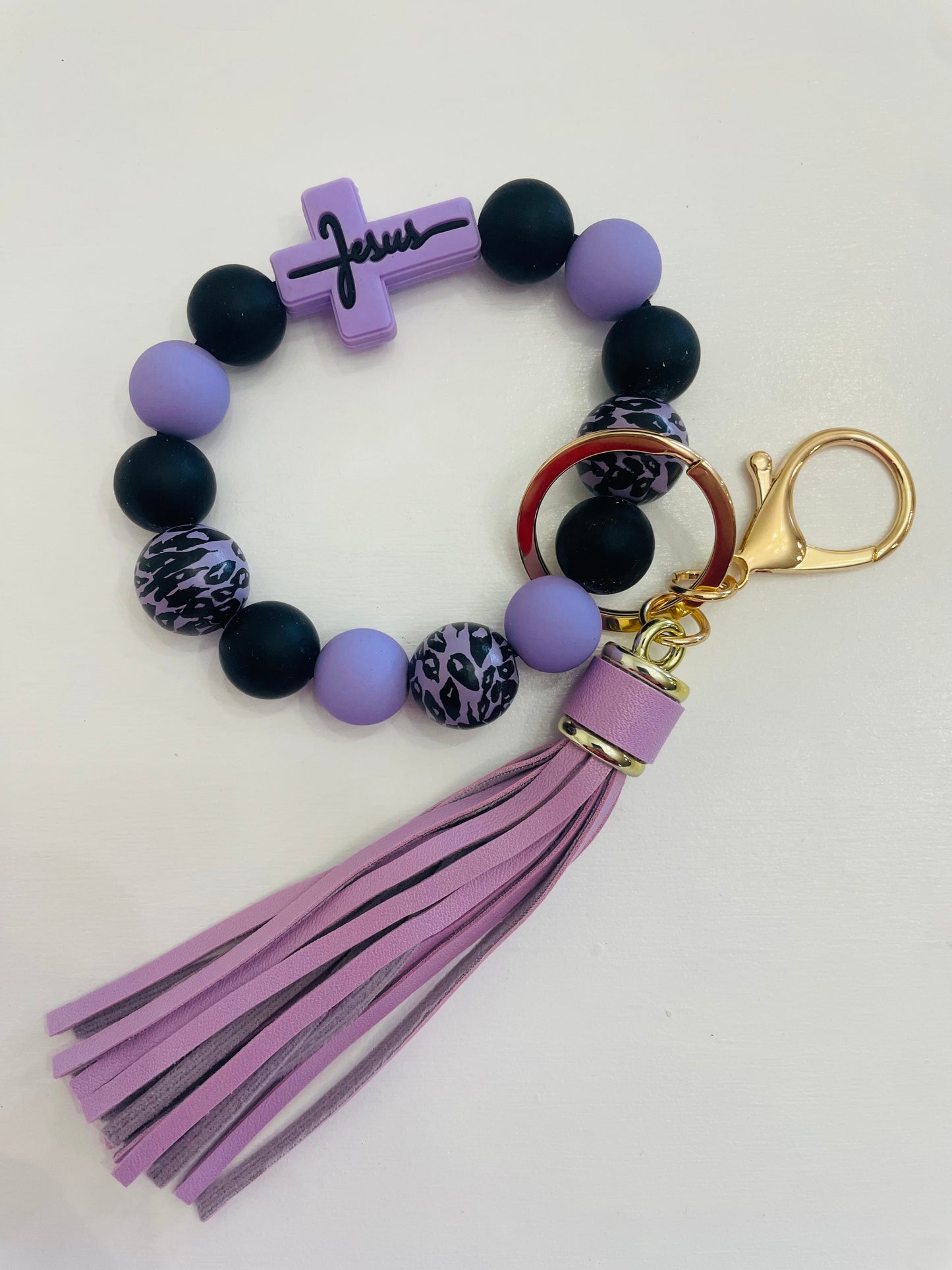 purple leopard Jesus cross silicone bead wristlet keychain bracelet with tassel