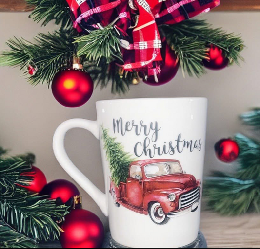 Classic Red Farm Truck Christmas Mug - "Merry Christmas" Vintage Tree Delivery Coffee Cup