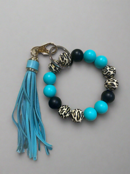 Turquoise & Black Leopard Print Silicone Beaded Keychain Bracelet - Hands-Free Wristlet