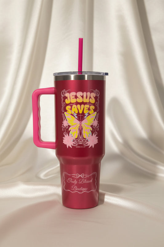 Truly Blessed Boutique Premium “Jesus Saves” 40oz Glitter Tumbler – Stainless Steel UV DTF Wrapped Christian Cup with Handle & Straw