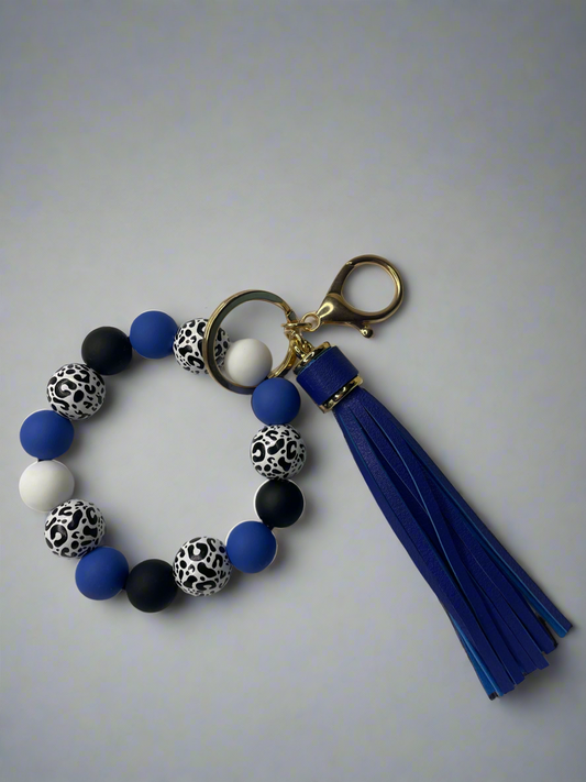 Royal Blue Leopard Print Silicone Beaded Keychain Bracelet - Hands-Free Wristlet