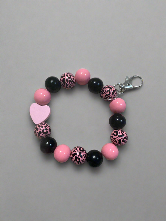Pink Leopard Print Beaded Keychain Bracelet - Hands-Free Wristlet Key Fob with Heart Charm
