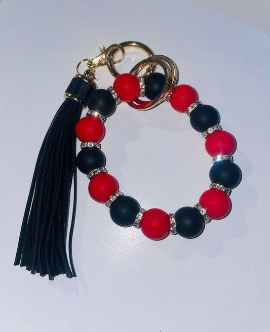 Red & Black Rhinestone Beaded Keychain Bracelet - Silicone Bead Wristlet Key Fob