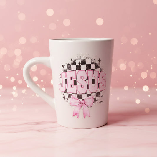 Pink Coquette Jesus Bow Mug - 14oz Checkered Christian Ceramic Coffee Cup