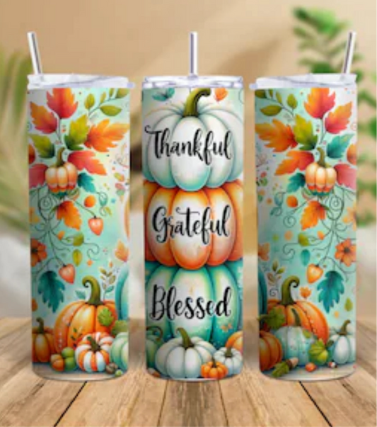 Thankful Grateful Blessed Pumpkin Tumbler | 20oz Skinny | Autumn Fall Season | Inspirational Gift