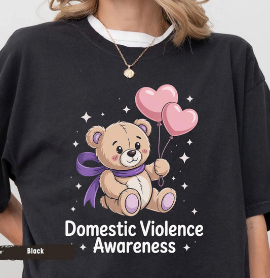 Domestic Violence Awareness Teddy Bear Shirt – Purple Ribbon Awareness T-Shirt – Support Survivors Tee