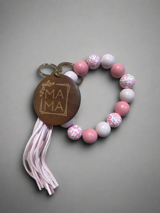 "MAMA" Wood Charm Beaded Keychain Bracelet - Pink Leopard Silicone Wristlet Key Fob