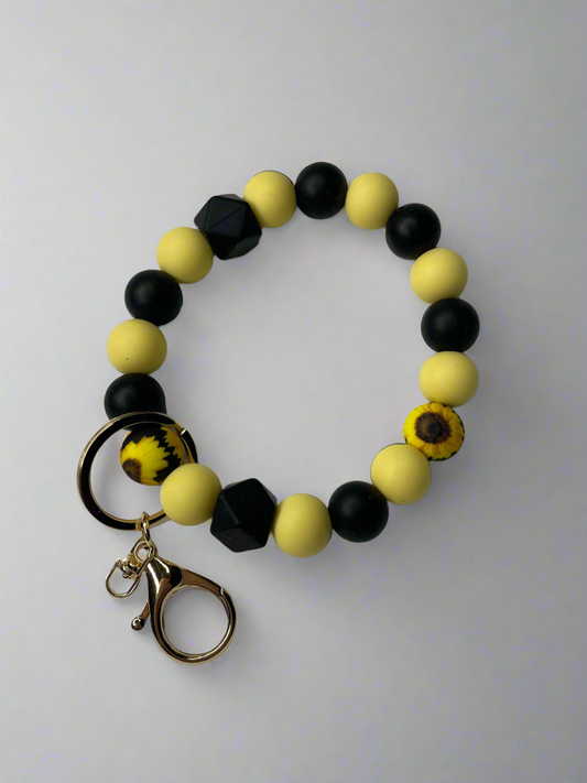 Sunflower Silicone Beaded Keychain Bracelet - Yellow & Black Wristlet Key Fob