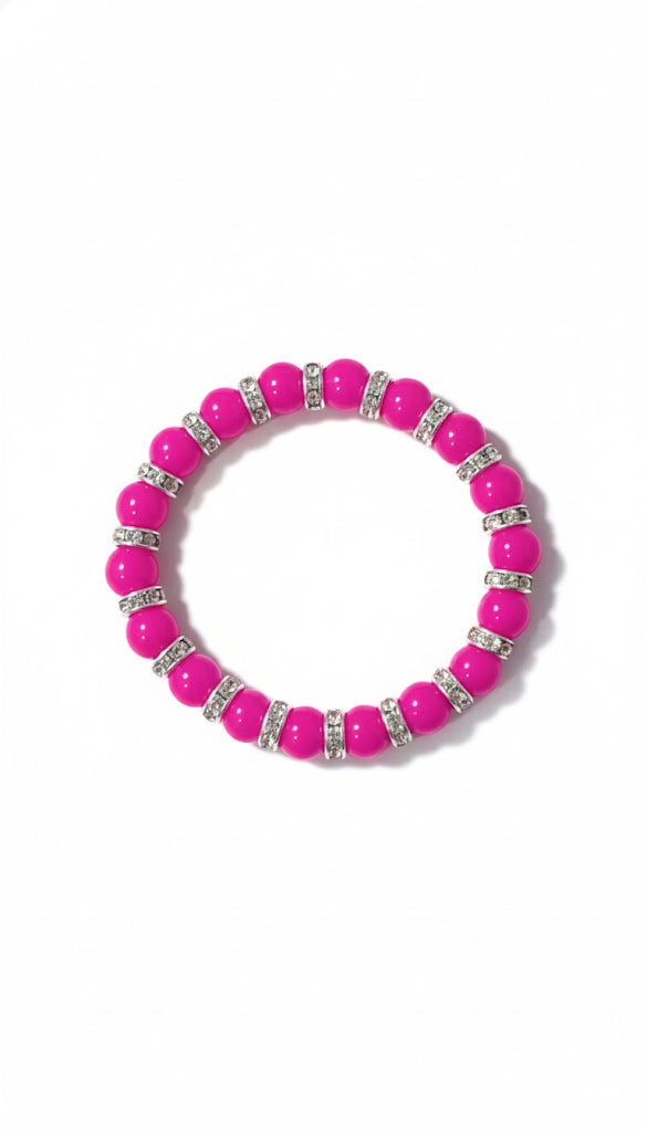 Hot Pink Beaded Stretch Bracelet | Stackable Fuchsia & Rhinestone Crystal Accent Jewelry for Women