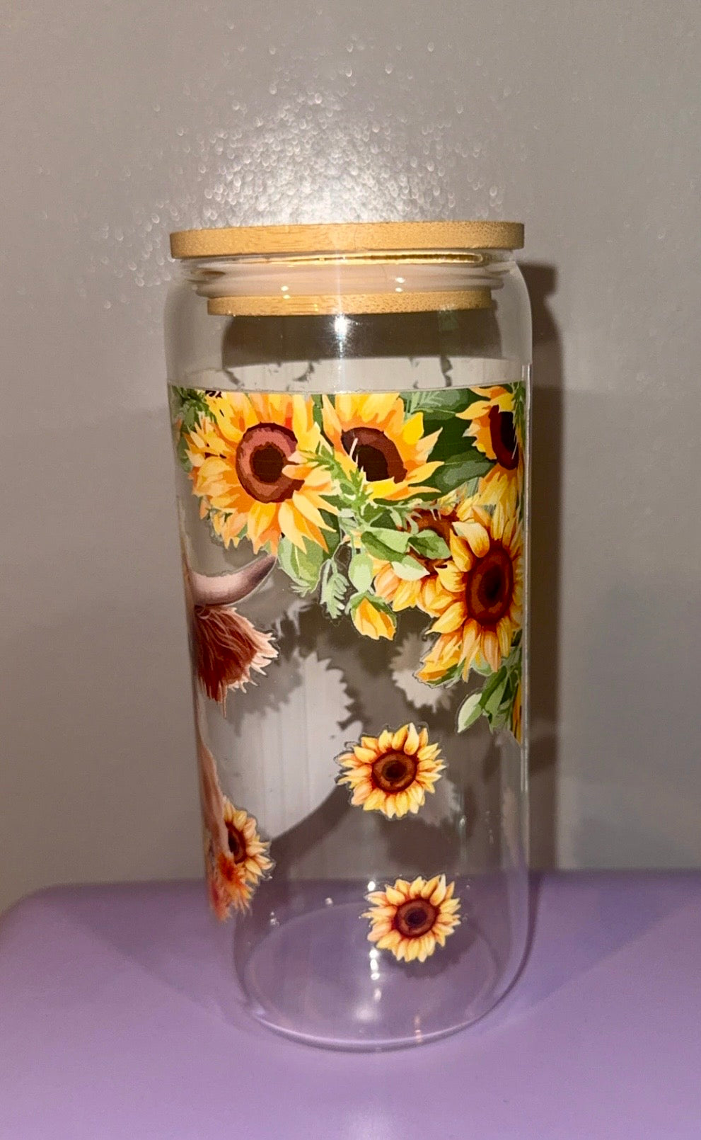 🌻 Highland Cow Sunflower Glass Can Cup | Bamboo Lid