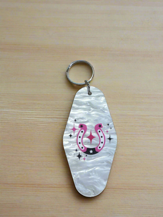 Pink Sparkle Horseshoe Motel Keychain - Retro Western Lucky Charm Key Fob