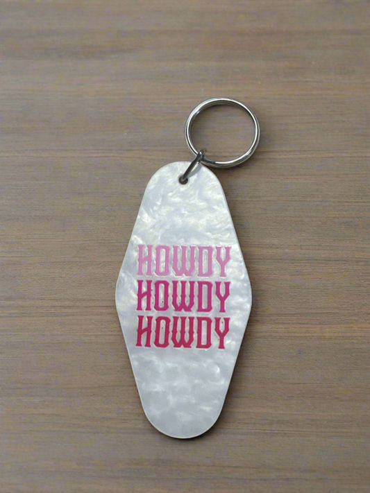 Triple "HOWDY" Motel Keychain - Pink Western Aesthetic Retro Key Fob