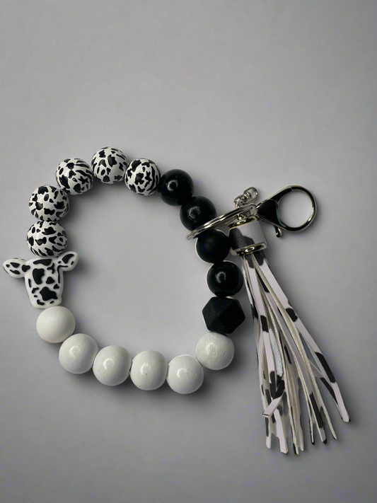 Cow Print Silicone Beaded Keychain Bracelet - Western Cow Head Wristlet Key Fob