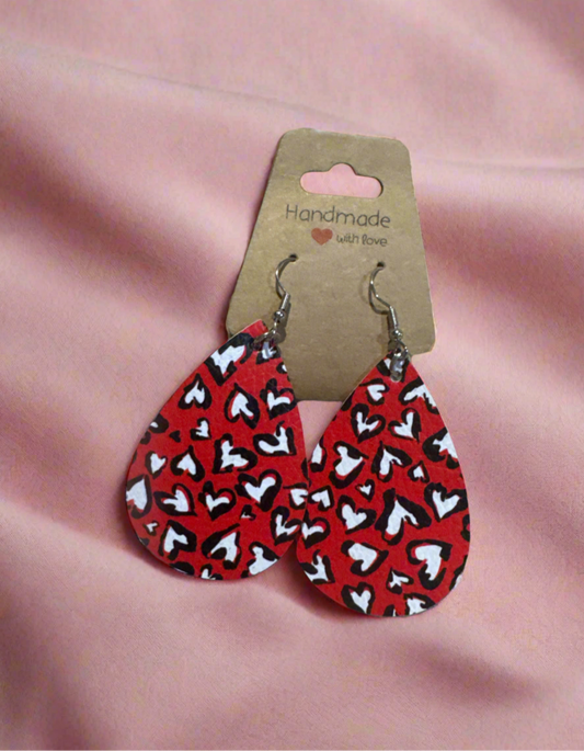 Red Heart Leopard Print Faux Leather Earrings - Lightweight Tear Drop Dangles