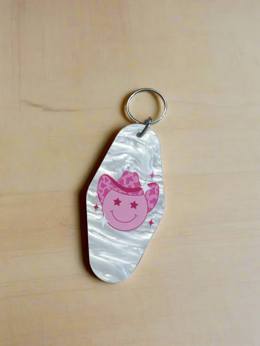 Pink Happy Face Cowgirl Hat Motel Keychain - Retro Western Smiley Key Fob