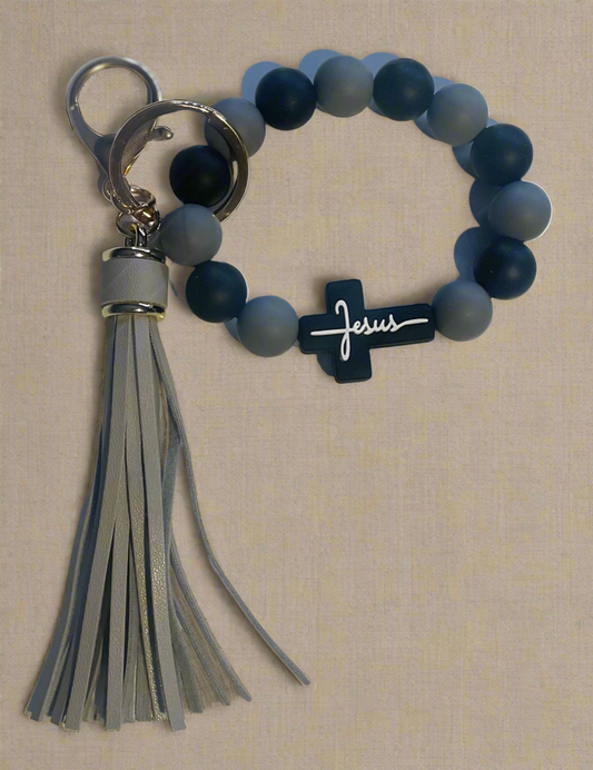 "JESUS" Cross Beaded Keychain Bracelet - Silicone Bead Key Ring Wristlet with Tassel