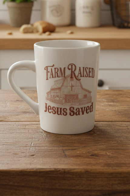 Farm Raised Jesus Saved 14oz Ceramic Mug - Christian Farmhouse Gift