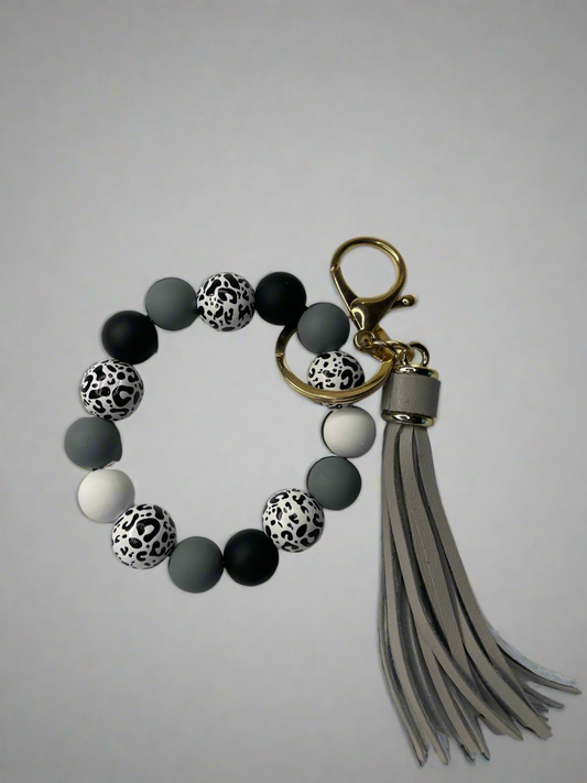 Grey Leopard Print Silicone Beaded Keychain Bracelet - Hands-Free Wristlet Key Fob
