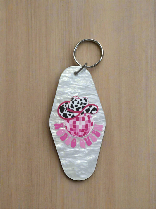 Disco Cowgirl Motel Keychain - Pink Checkerboard Cowboy Hat Flower Key Fob